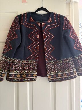 Embroidered Open-Front Navy Jacket with Multicolor Accents